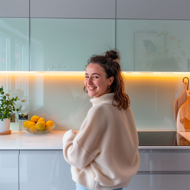 Junge Frau in einem gemütlichen Pullover lächelt in einer modernen Küche, neben ihr eine Schale mit Zitronen