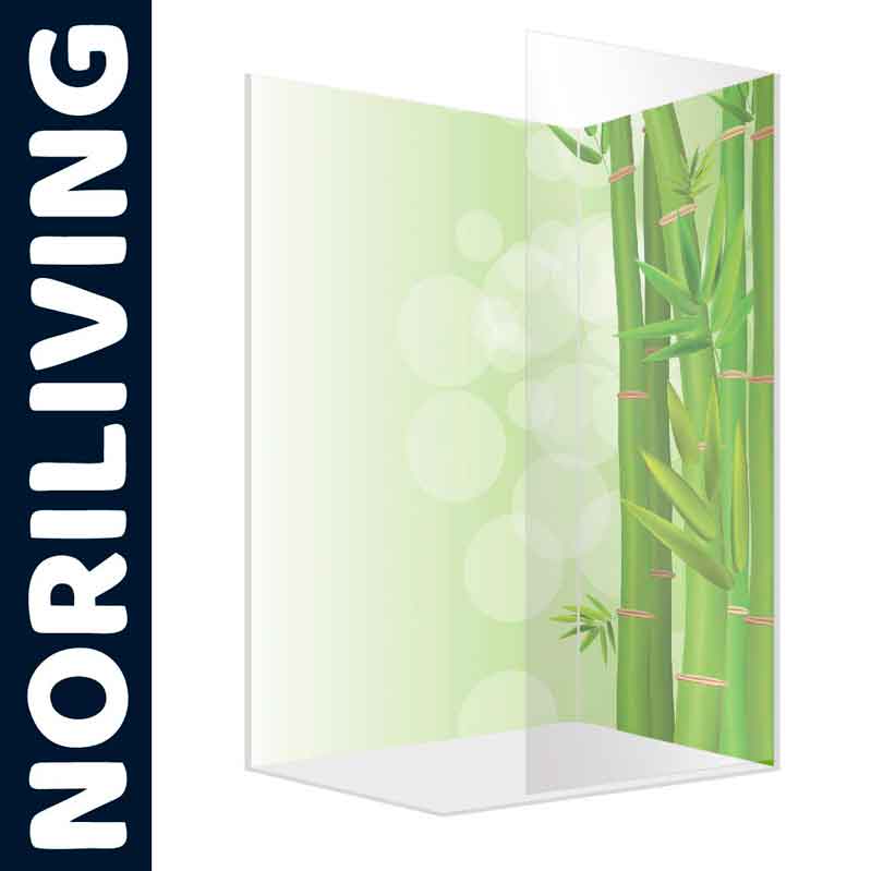 Abbildung einer transparenten Duschwand mit grünem Bambus-Muster und Noriliving-Logo