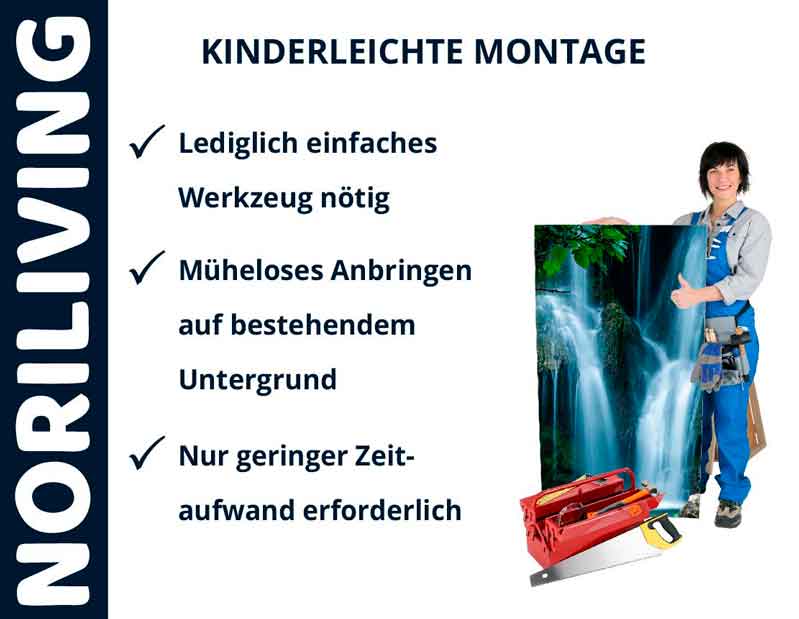 Frau zeigt einfache Montage von Noriliving-Produkten mit Werkzeug und Kunstdruck