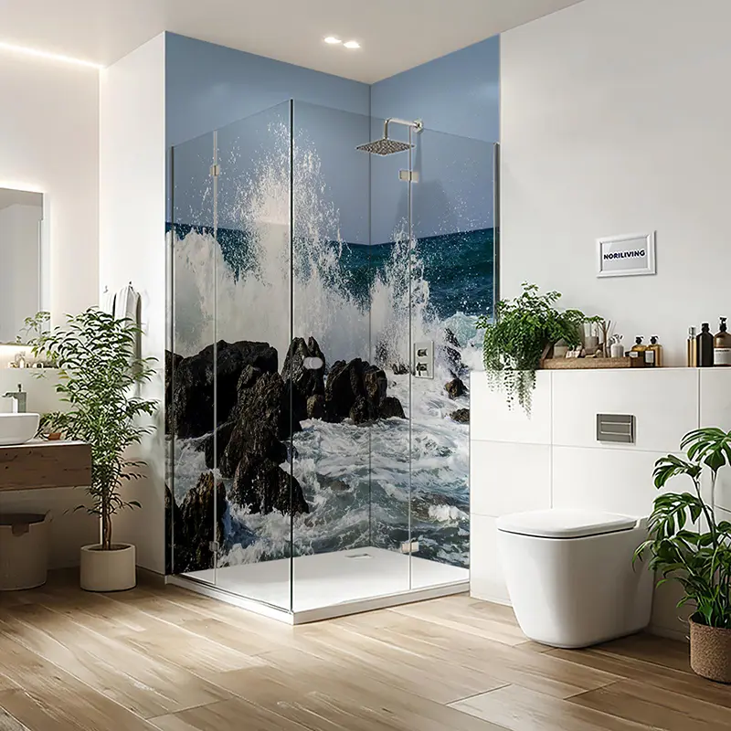 Duschrückwand Einzel | Ecke | Alu Brandung an Felsen im Meer 334