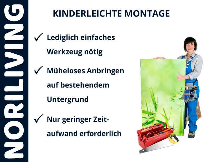 Frau mit Montagewerkzeug und Plakat, einfacher und zeitsparender Heimwerkerprozess