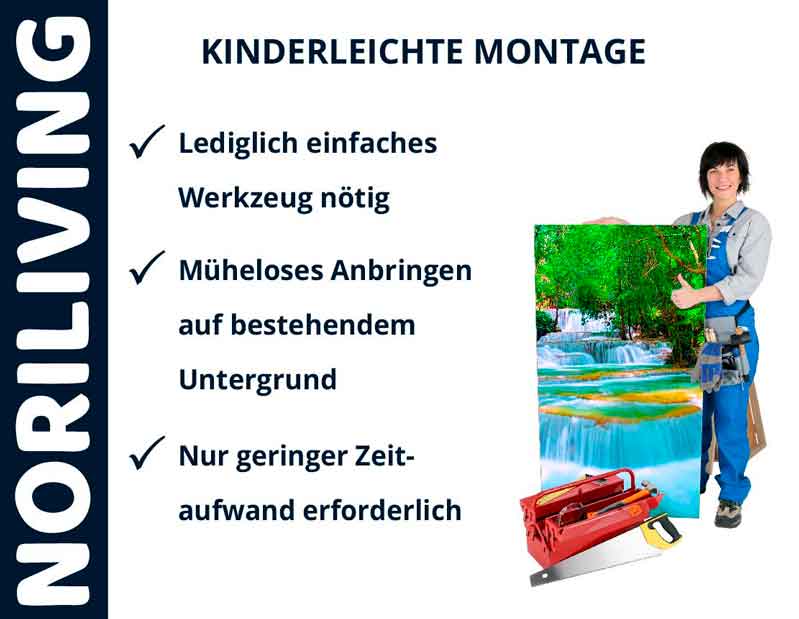NORILIVING Werbebild: Person in Arbeitskleidung hält ein Wandbild. Text: 'Kinderleichte Montage - Lediglich einfaches Werkzeug nötig - Müheloses Anbringen auf bestehendem Untergrund - Nur geringer Zeitaufwand erforderlich'