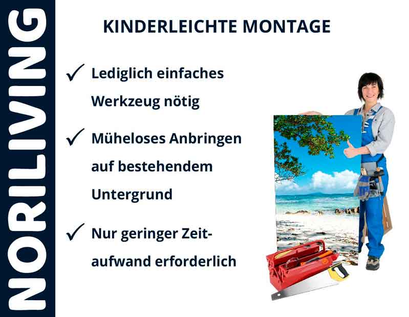 Grafik von Noriliving zeigt Tipps zur kinderleichten Montage mit einfachem Werkzeug und geringem Zeitaufwand