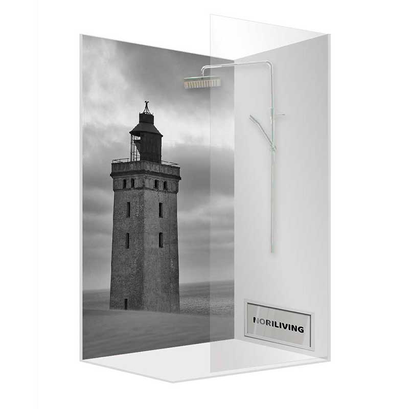 Moderne Duschkabine mit Leuchtturm-Motiv Duschkabine mit beeindruckendem Leuchtturm-Motiv auf der Rückwand