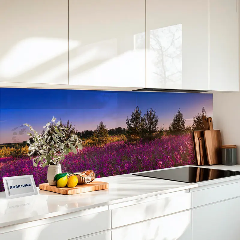 Küchenrückwand Alu schöne Landschaft mit blühender Wiese Sonnenaufgang 970