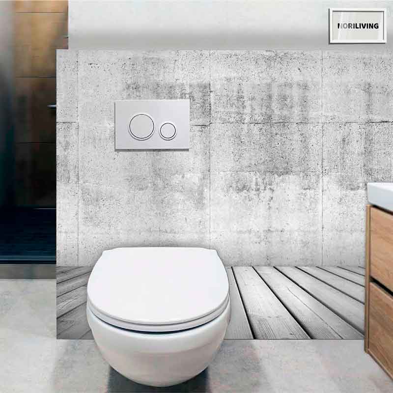 Moderne wandhängende Toilette mit Betoneffekt-Wand Wandhängende Toilette vor einer Wand mit Betoneffekt, modernes Badezimmerdesign