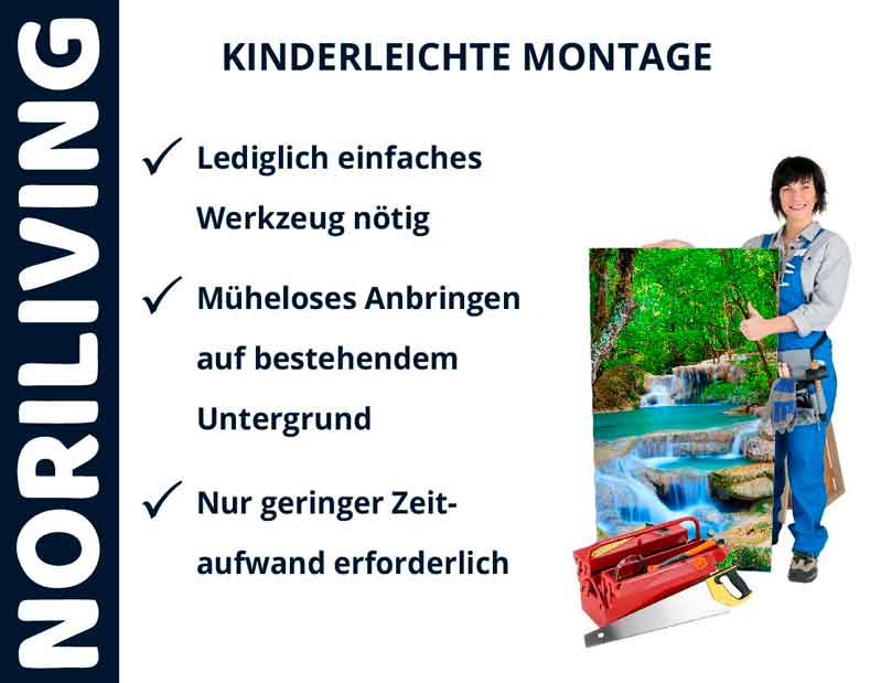 Werbung für Noriliving mit kinderleichter Montage, ein Mädchen hält ein Bild von einem Wasserfall, daneben Werkzeug