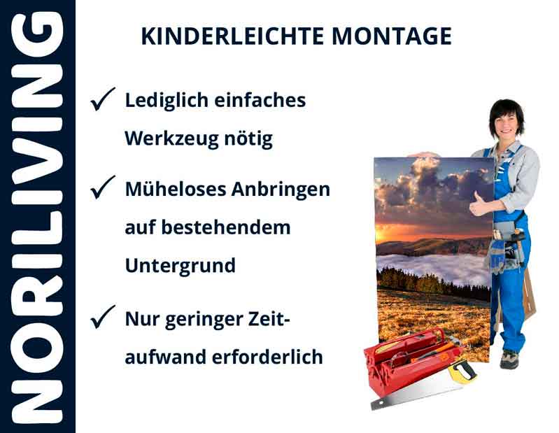 Person neben Wanddekorationen zeigt einfache Montage mit minimalem Werkzeugaufwand, hervorgehoben durch Text über werkzeuglose Installation und Zeitersparnis.