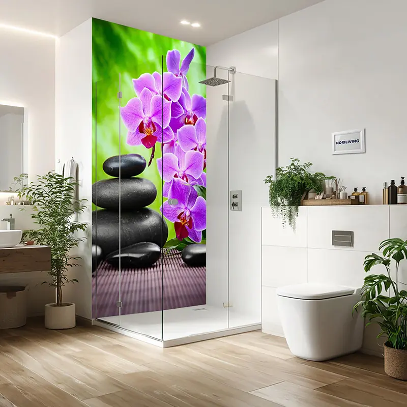 Duschrückwand Einzel | Ecke | Alu Zen Steine mit Orchideen 392