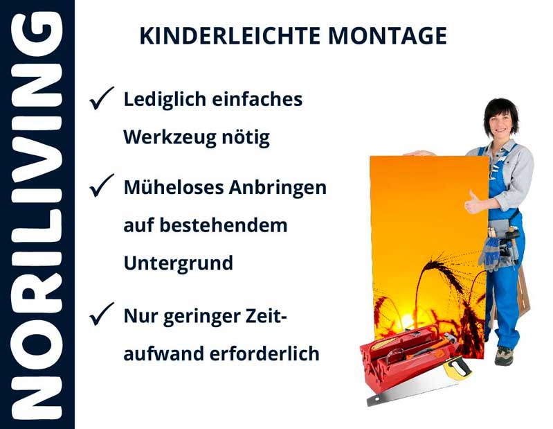 Person hält Bild mit Sonnenuntergang und Getreidemotiv, Mottos: 'Kinderleichte Montage', 'Lediglich einfaches Werkzeug nötig', 'Müheloses Anbringen', 'Geringer Zeitaufwand', Marke Noriliving