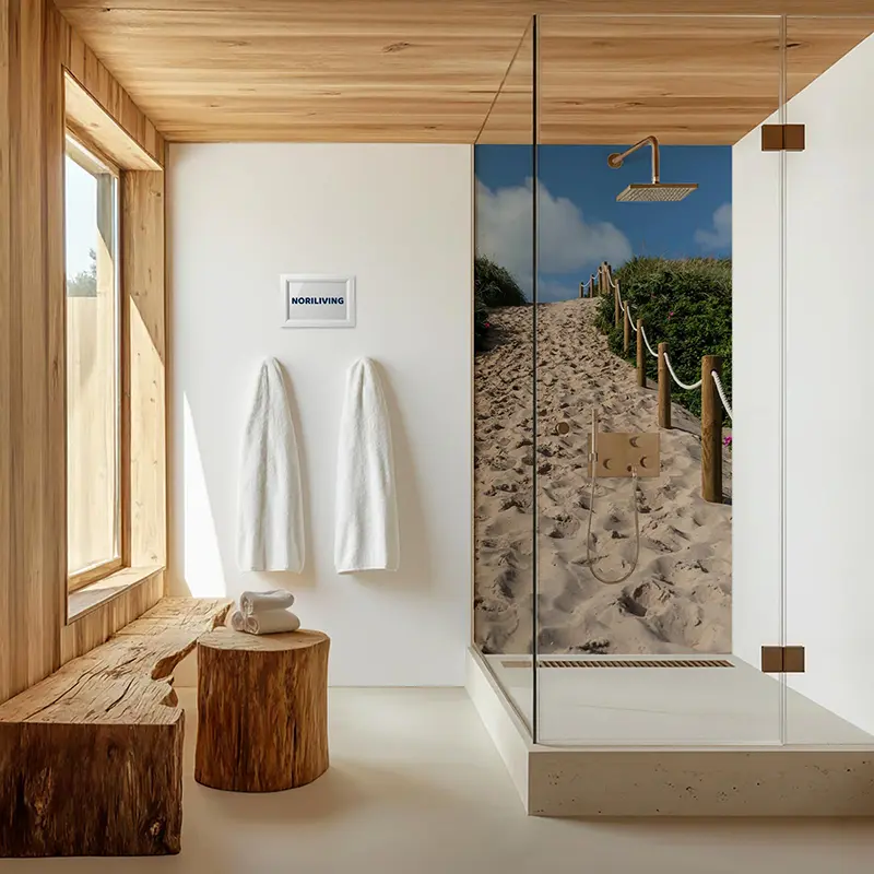 Glasdusche mit Sandpfad-Motiv, Holzbank und Handtüchern