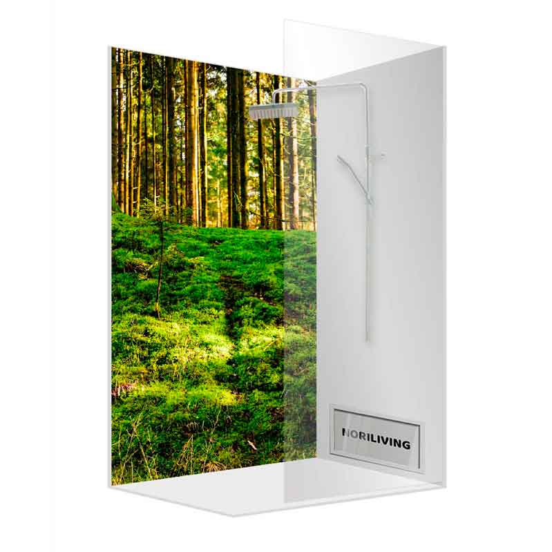 Luxuriöse Duschkabine mit Waldmotiv für ein natürliches Badeerlebnis Moderne Duschkabine mit Waldhintergrund und Regenbrause