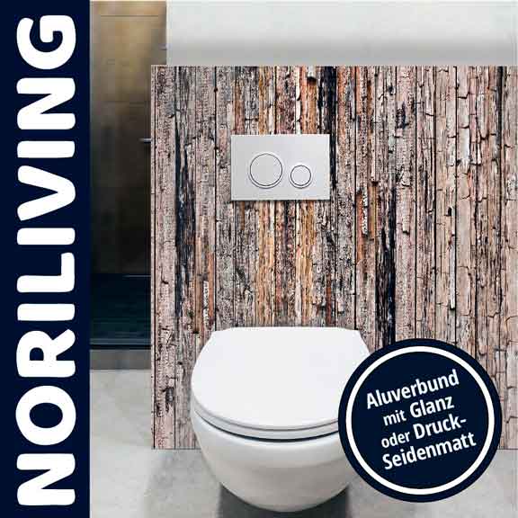 WC mit Aluverbund-Rückwand im Holzdesign, beschriftet mit Noriliving und Hinweis auf Glanz oder Seidenmatt