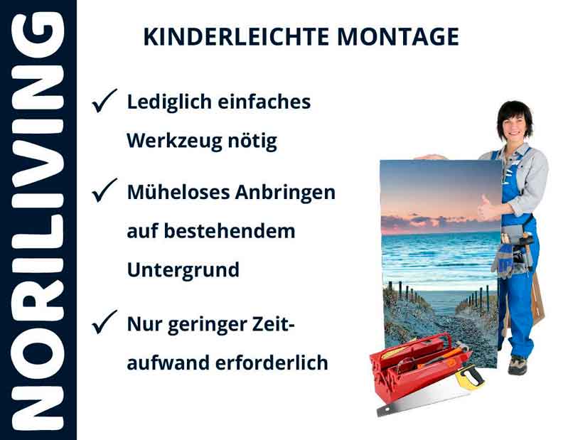 Mitarbeiterin von NORILIVING präsentiert einfache Montage von Wandbild mit Werkzeug und erklärt kinderleichte Anbringung.