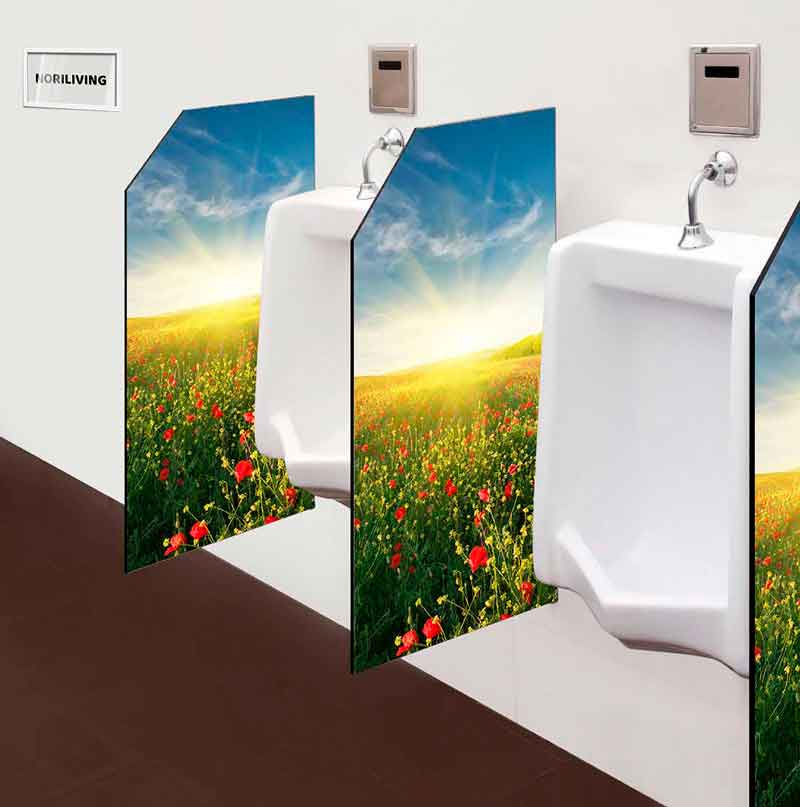 Urinale mit bunten Trennwänden, die eine Wiese mit Blumen darstellen