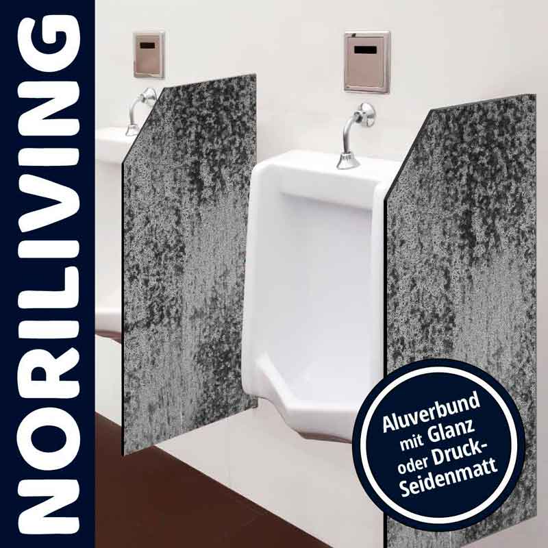 Urinal mit seitlicher Sichtschutzwand aus Aluverbund in edler Optik, erhältlich in Glanz oder Druck-Seidenmatt von NORILIVING