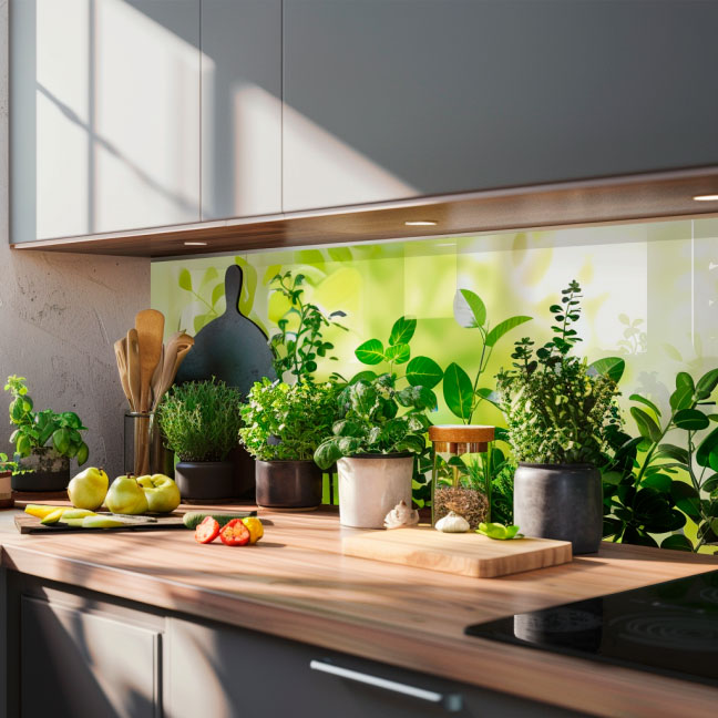 Moderne Küchenarbeitsfläche mit frischen Kräutern und Gemüse Helle Küche mit frischen Kräutern in Töpfen und frischem Obst und Gemüse auf der Arbeitsfläche