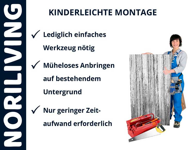 Person in Arbeitskleidung zeigt einfach zu montierende Paneele von Noriliving mit Werkzeugsatz