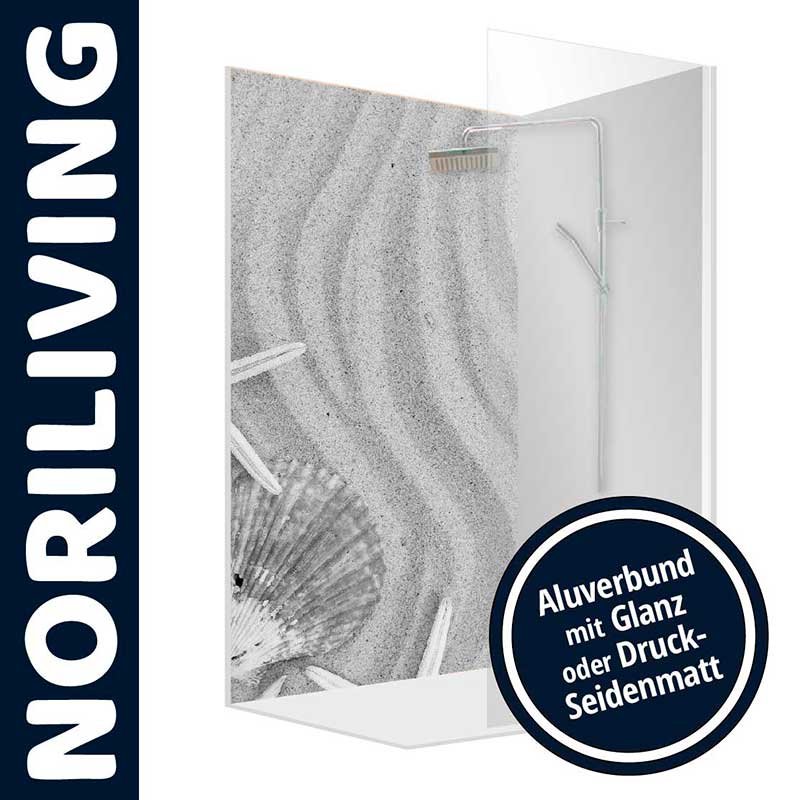 Duschabtrennung von Noriliving mit strandähnlichem Design auf Aluoberfläche in glänzender oder seidenmatter Ausführung