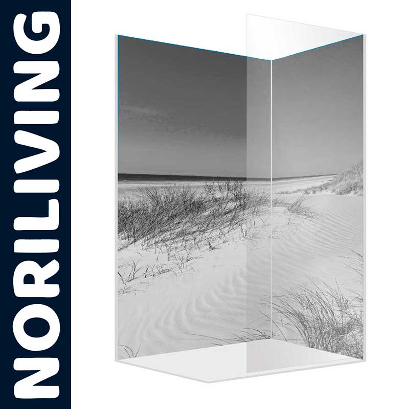 Transparente Eck-Duschwand mit Strand- und Dünenmotiv von NORILIVING