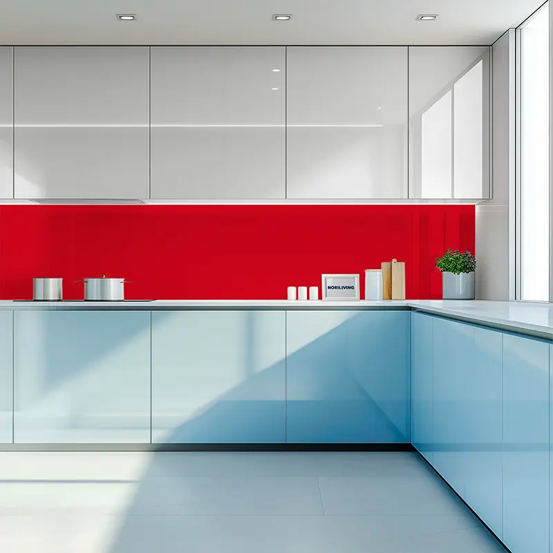 Helle moderne Küche mit roter Rückwand und blauen Schränken