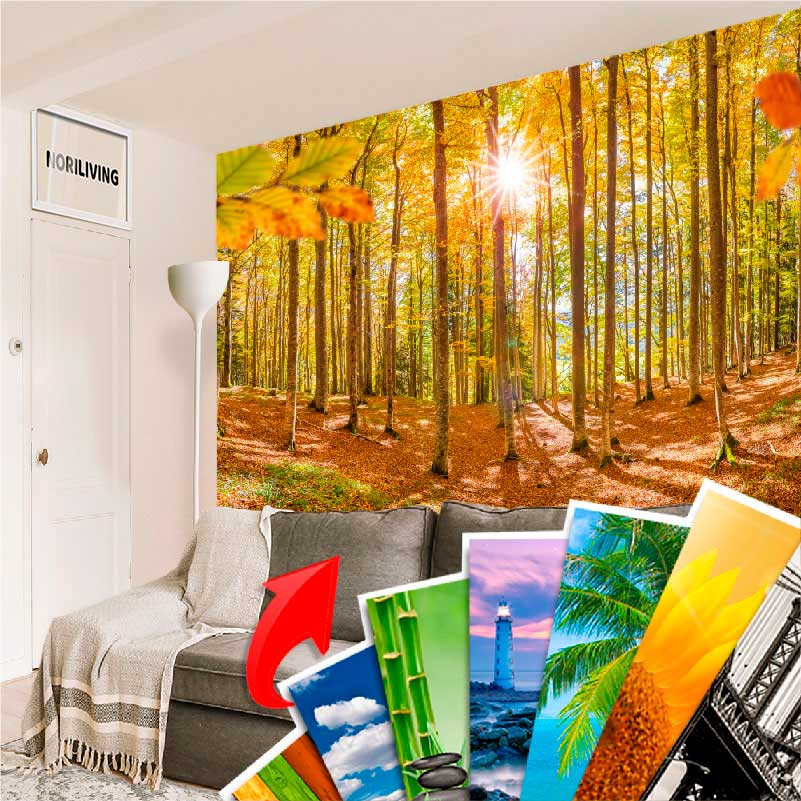 Wanddekoration mit Naturthema im Wohnzimmer Wohnzimmer mit einer großen Waldtapete und mehreren kleinen bunten Wandbildern
