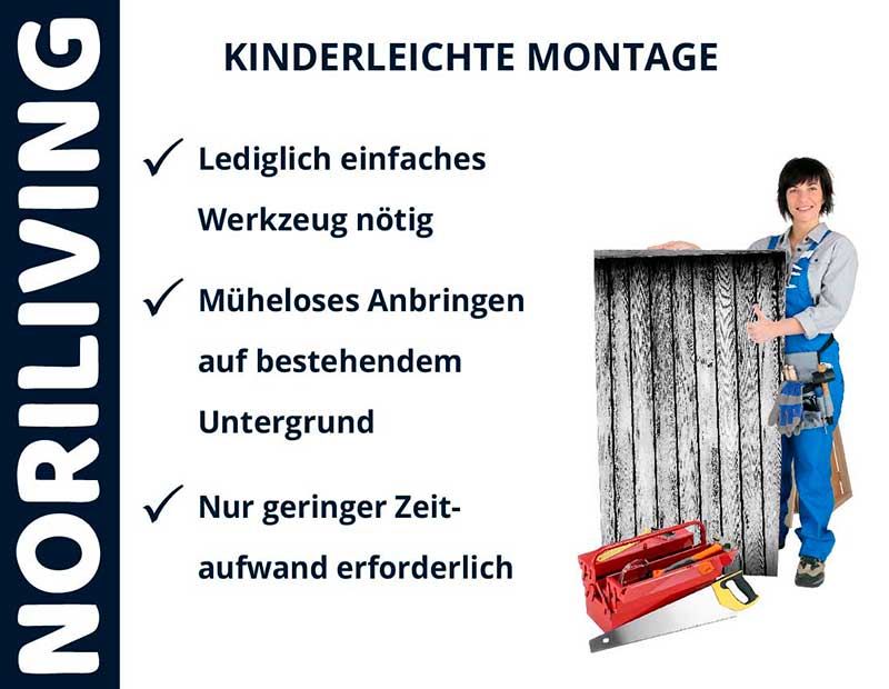 Werbung für Noriliving mit einfacher Montage: Mann hält Paneel, benötigtes Werkzeug abgebildet, kinderleichte Montage beschrieben