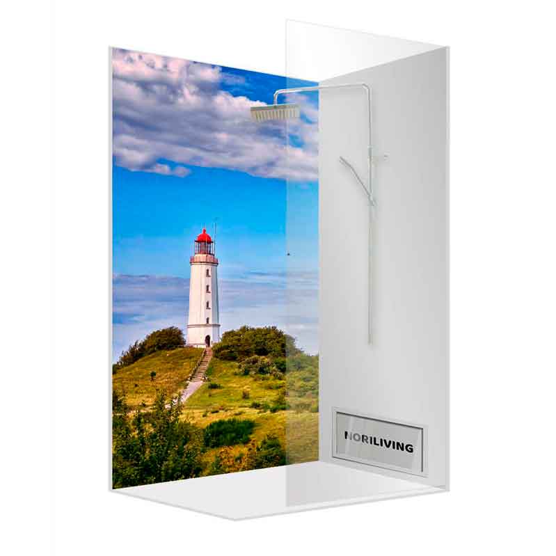 Duschkabine mit abgebildetem Leuchtturm auf einer grünen Anhöhe und blauem Himmel