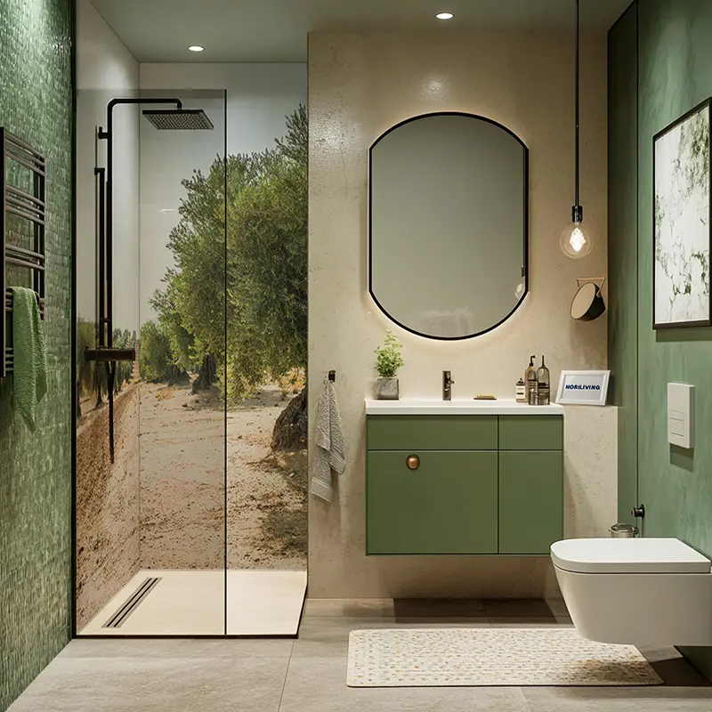 Dusche mit Landschaftsprint, grüner Waschplatz und Spiegel