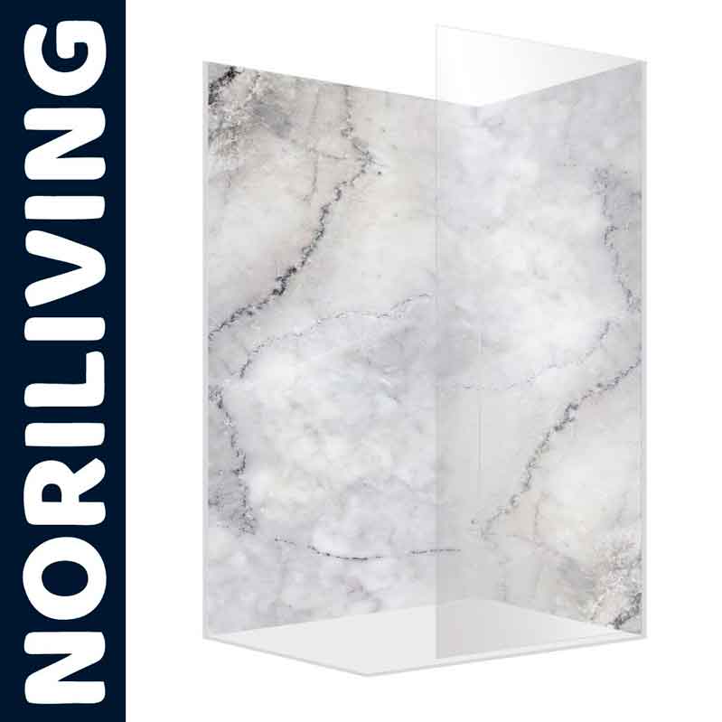 Marmorierte Duschwand aus Glas mit grauen und weißen Mustern von Noriliving