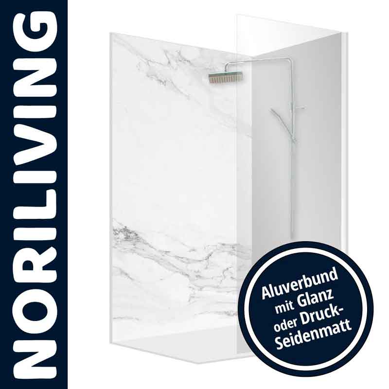 Duschrückwand von Noriliving in Marmoroptik aus Aluverbund mit Glanz oder Druck-Seidenmatt