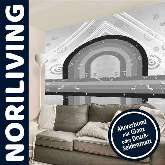 Wanddekoration von NORILIVING über einem Sofa, Aluverbund mit Glanz oder Druck-Seidenmatt