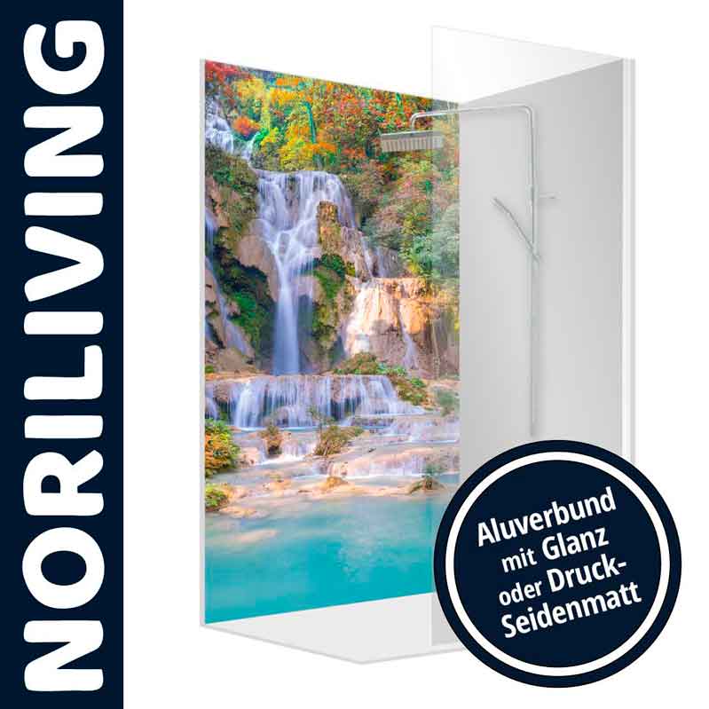Duschpaneel mit Wasserfallbild von NORILIVING, erhältlich in Alubund-Glanz oder Druck-Seidenmatt.