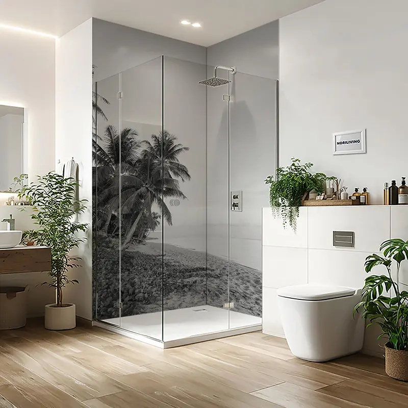 Duschrückwand Aluverbund Palme am tropischen Strand 601 schwarz-weiß