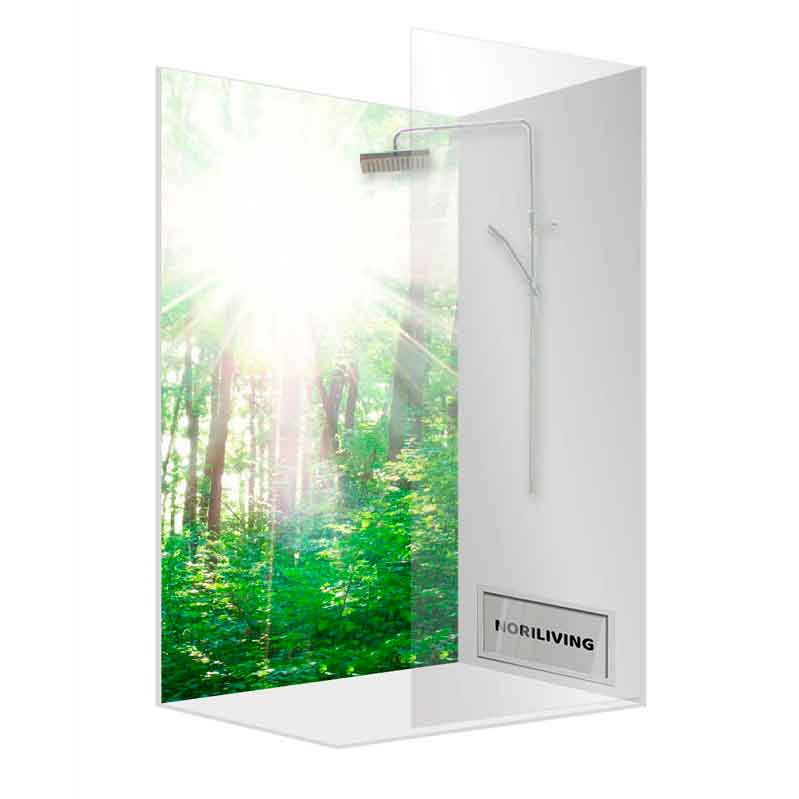 Duschwand mit Waldmotiv und Sonnenstrahlen Duschabtrennung mit Waldbild und Sonnenlicht, Produkt von NORILIVING