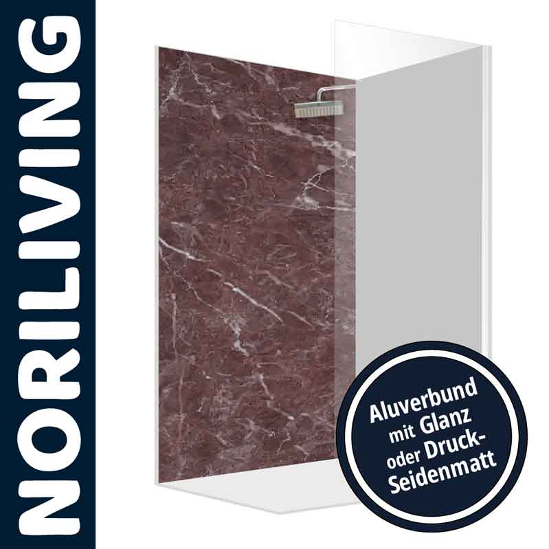 Duschwand aus Aluminiumverbund mit rotem Marmormuster, erhältlich in Glanz oder Mattdruck, von NORILIVING