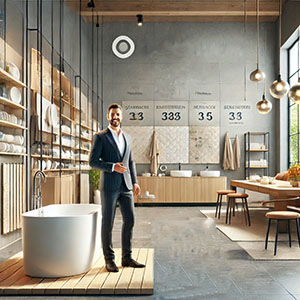 Mann präsentiert modernes Badezimmer mit freistehender Badewanne, stilvollen Armaturen und hängenden Lampen in einem großzügigen Raum.