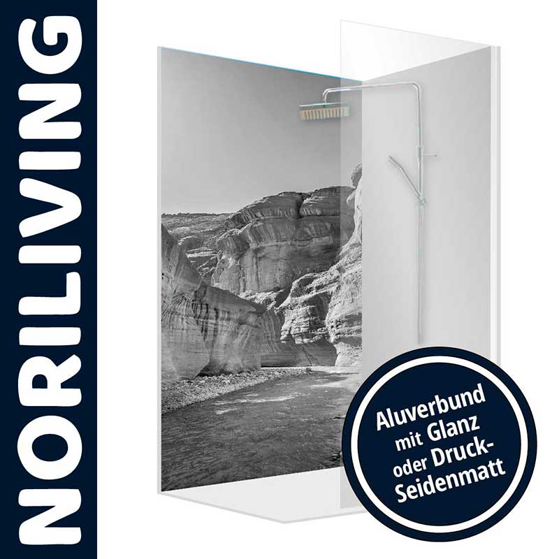 Duschabtrennung von Noriliving mit beeindruckendem Landschaftsmotiv, erhältlich in Aluverbund mit Glanz oder Druck-Seidenmatt.