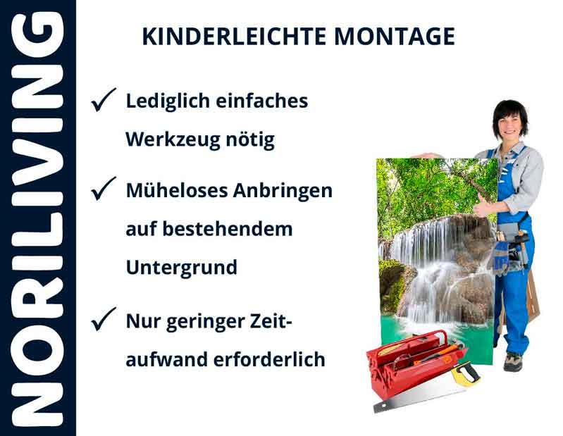 Frau in Arbeitskleidung zeigt ein Bild eines Wasserfalls zur einfachen Montage mit Werkzeugkasten