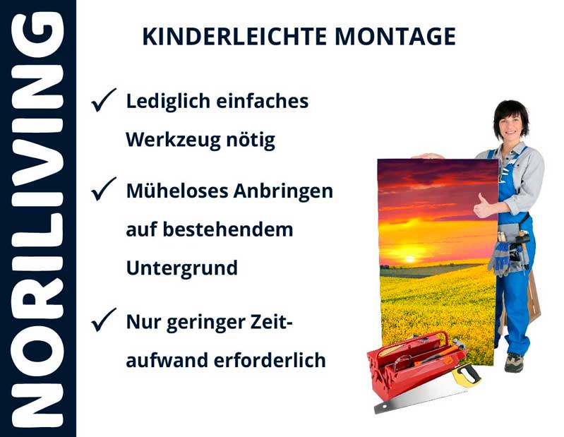 Werbung für NoriLiving mit einer lächelnden Person, die ein Bild hält, und Text zur kinderleichten Montage mit wenig Werkzeug und Zeitaufwand.