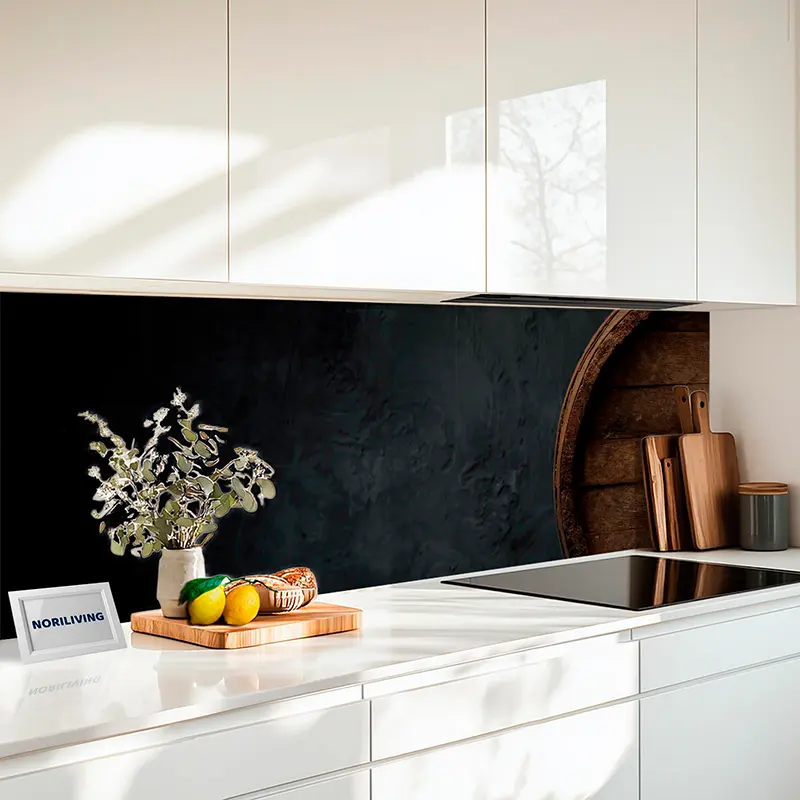 Fliesenspiegel Alu Rustikales Holzfass auf Holztisch, Dekoration 624