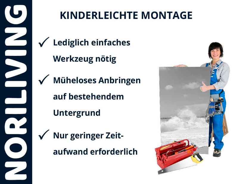 Eine Person zeigt ein Bild mit der Aufschrift 'Kinderleichte Montage'. Darunter sind Vorteile wie einfacher Werkzeugbedarf und geringer Zeitaufwand aufgelistet.