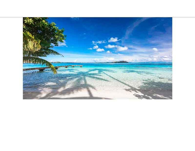 Idyllischer Strand mit kristallklarem Wasser und Palmen Ein tropischer Strand mit weißem Sand, klarem türkisblauem Wasser und Palmen im Vordergrund unter einem strahlend blauen Himmel.