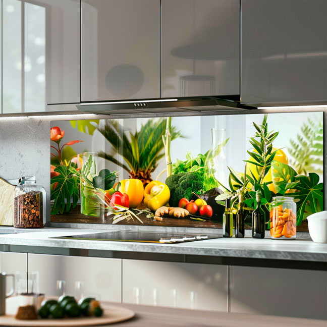 Küche mit moderner Einrichtung und einer Küchenrückwand mit buntem Gemüsedekor, umgeben von Kochutensilien und grünen Pflanzen