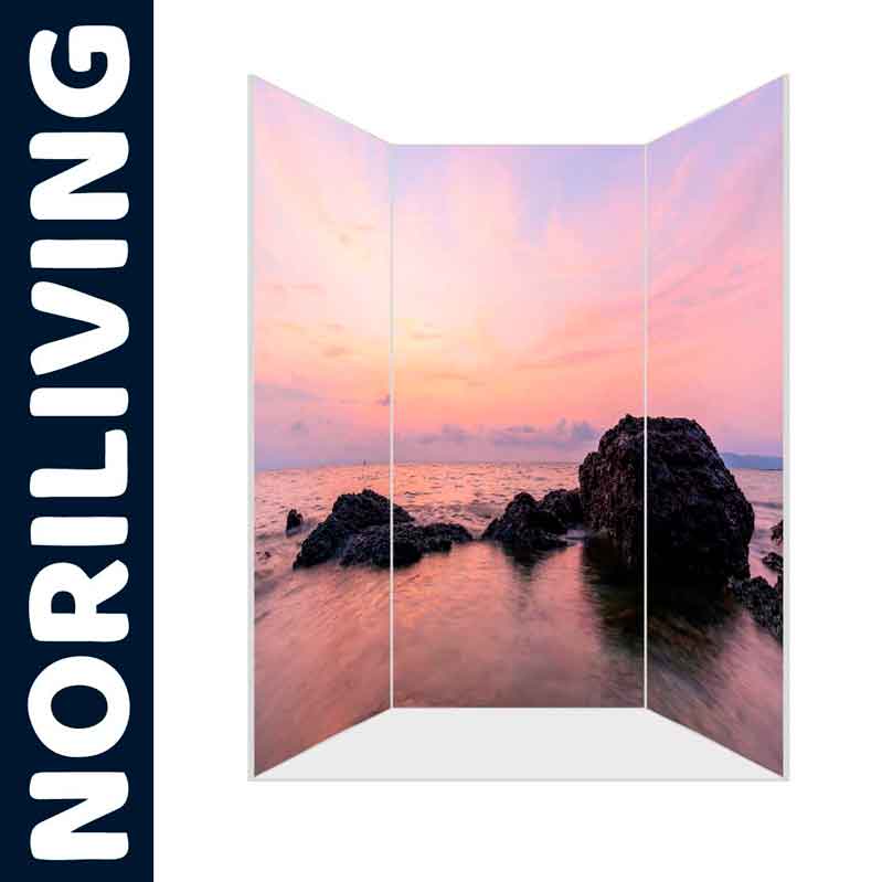 Dreiteiliger Raumteiler mit Sonnenuntergangsmotiv und Felsen im Meer von NORILIVING