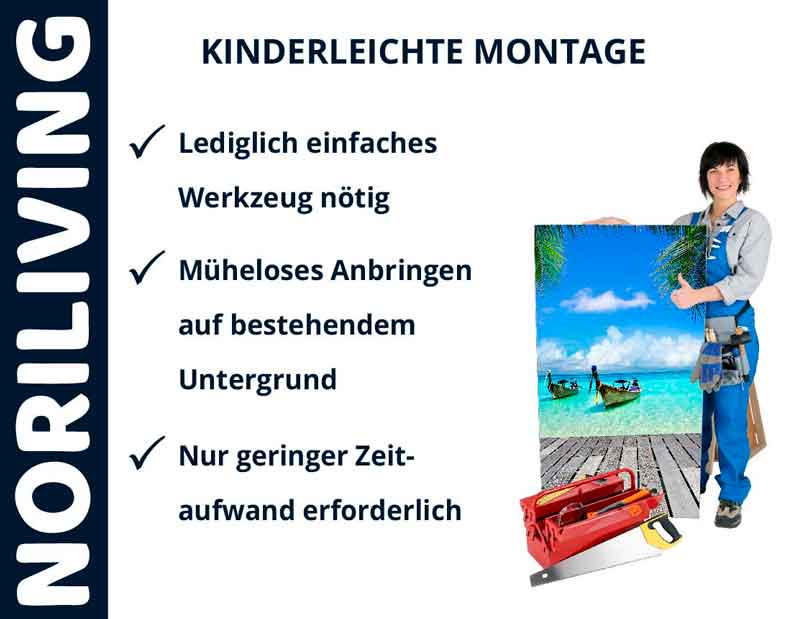 Person neben Strandbild im Rahmen mit Werkzeugsatz, textliche Anweisungen zur einfachen Montage von Norliving-Produkten