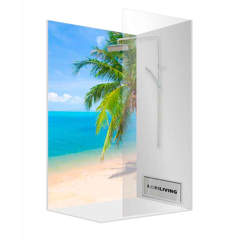 Moderne Duschkabine mit Strandbild von NORILIVING, Palmen und Meer