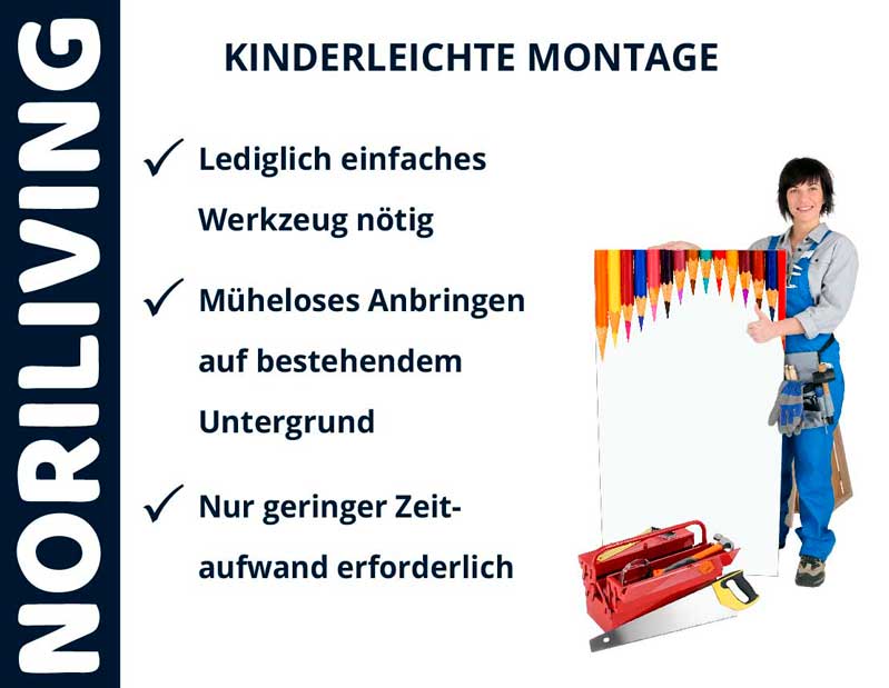 Infografik über NORILIVING mit einer Frau, die einfache Montagewerkzeuge präsentiert