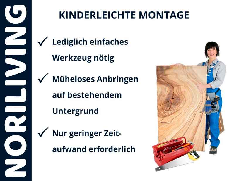 Einfache Montage mit Noriliving-Produkten Person zeigt auf große Holzplatte mit Werkzeug, kinderleichte Montage von Noriliving.