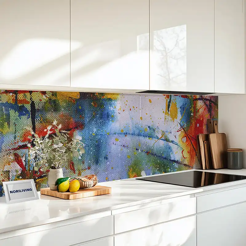 Küchenrückwand Echtglasoptik Profiline Abstraktes Farbenspiel in Blau, Rot und Gelb 129